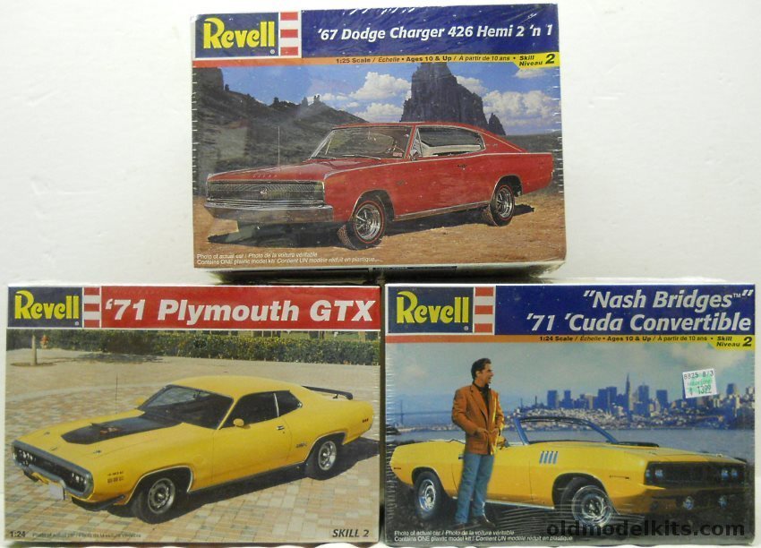 Revell 1/25 85-2381 Nash Bridges 1971 Plymouth Barracuda Convertible / 7608 1971 Plymouth GTX / 85-7669 1967 Dodge Charger 426 Hemi 2 in 1 Kit plastic model kit